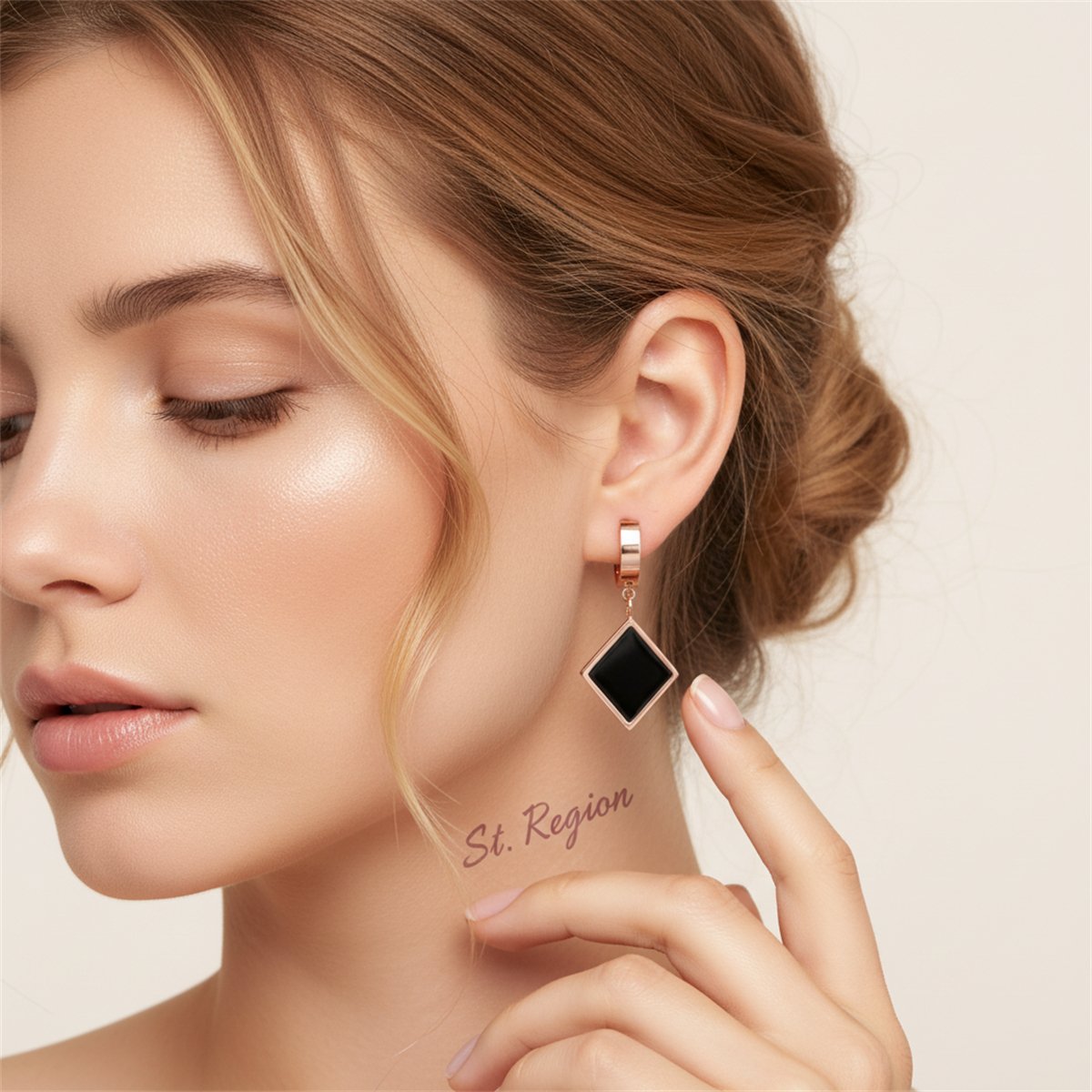 Black and 18K Rose Gold-Plated Rhombus Drop Earrings, rose gold huggie earrings, botanical inspired, styled look