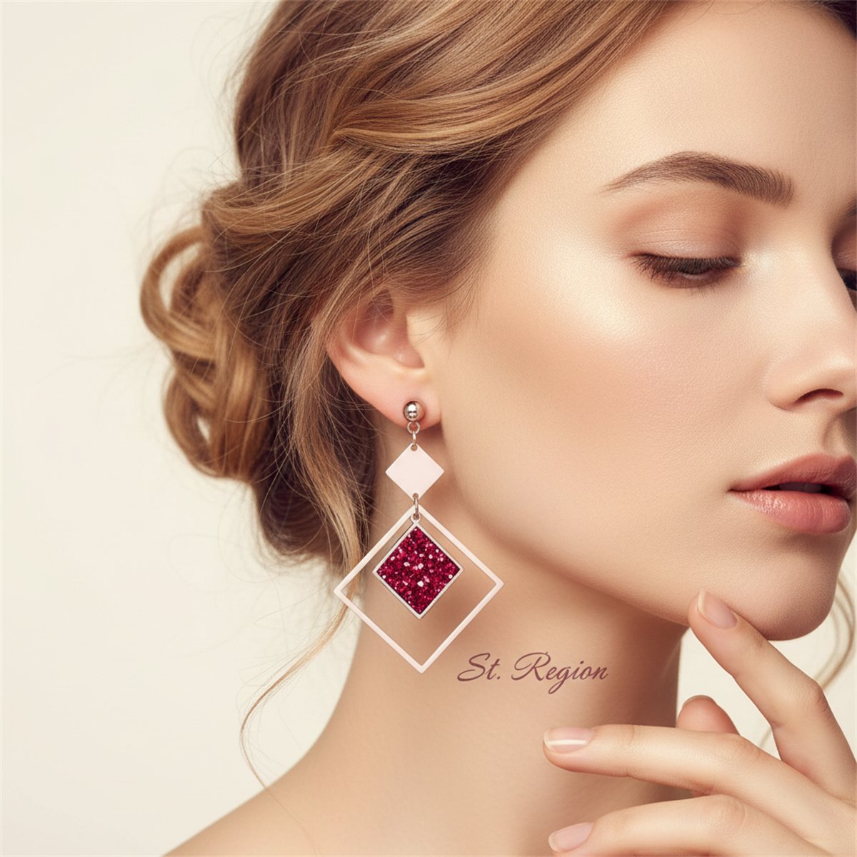 Red Sequin and 18K Rose Gold-Plated Rhombus Drop Earrings, rose gold drop earrings for women, styled look