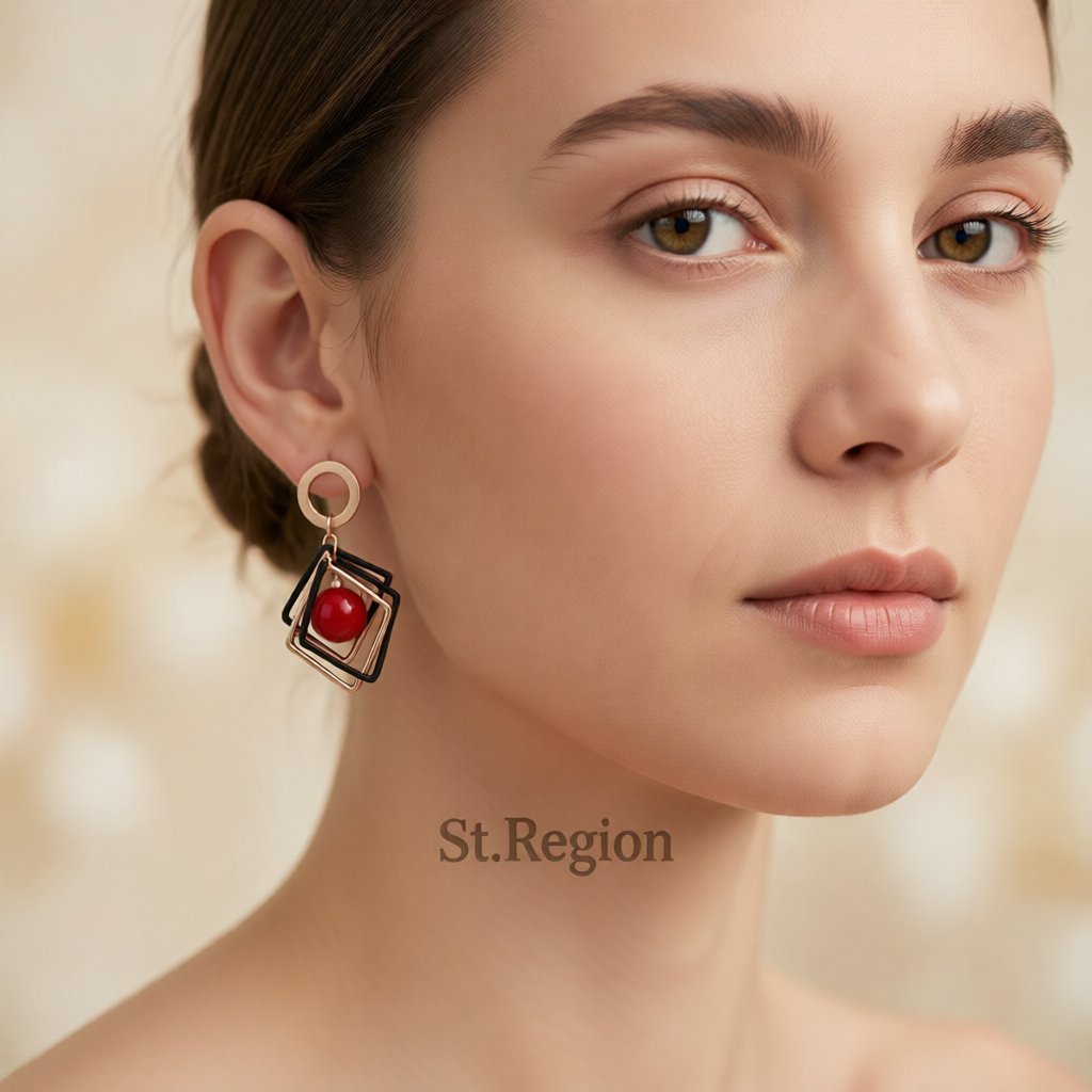 Red Pearl and 18K Rose Gold-Plated Rhombus Drop Earrings, rose gold drop earrings for women, styled look