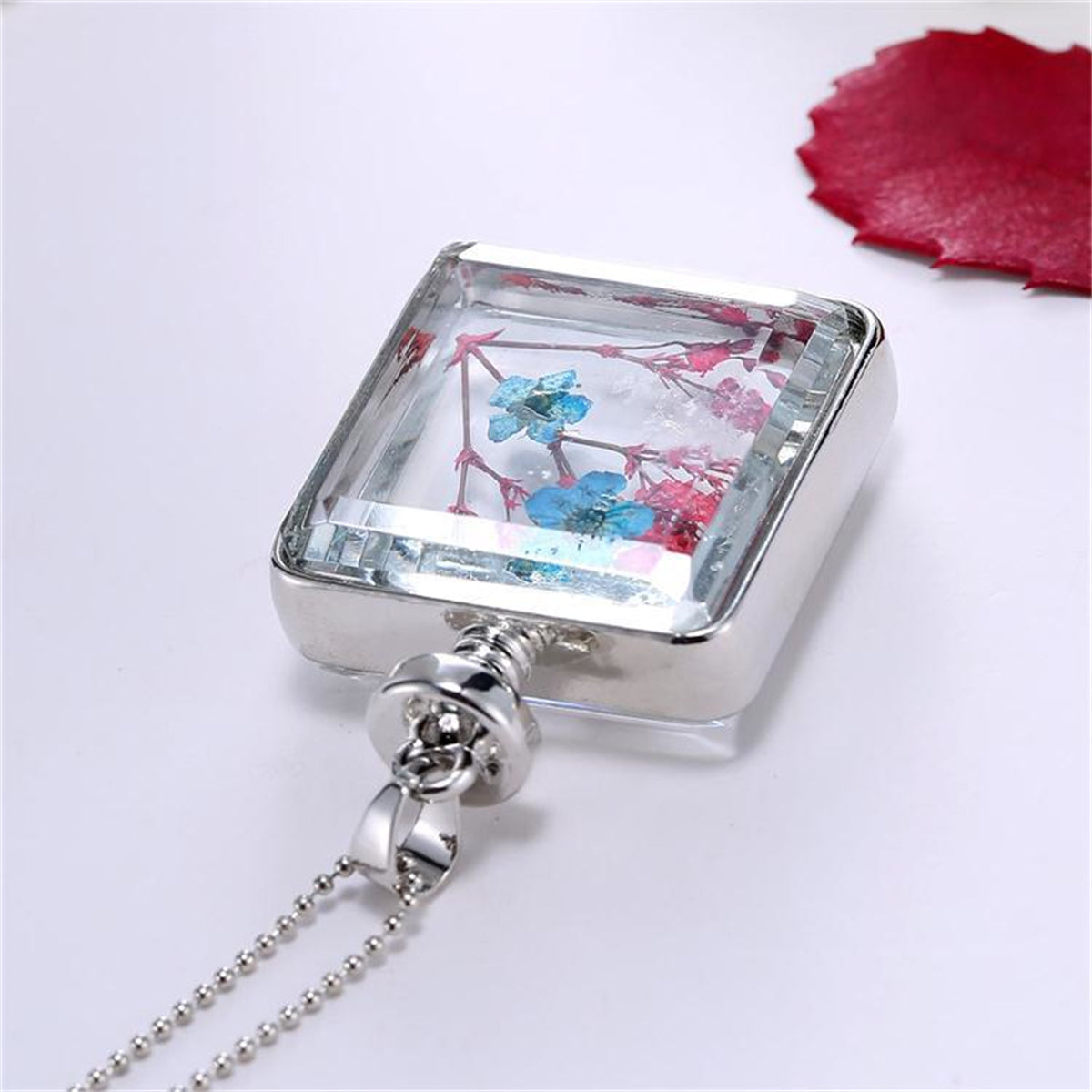 Blue and Red Pressed Flower Square Pendant Necklace, pendant necklace for women, botanical inspired, detail close-up