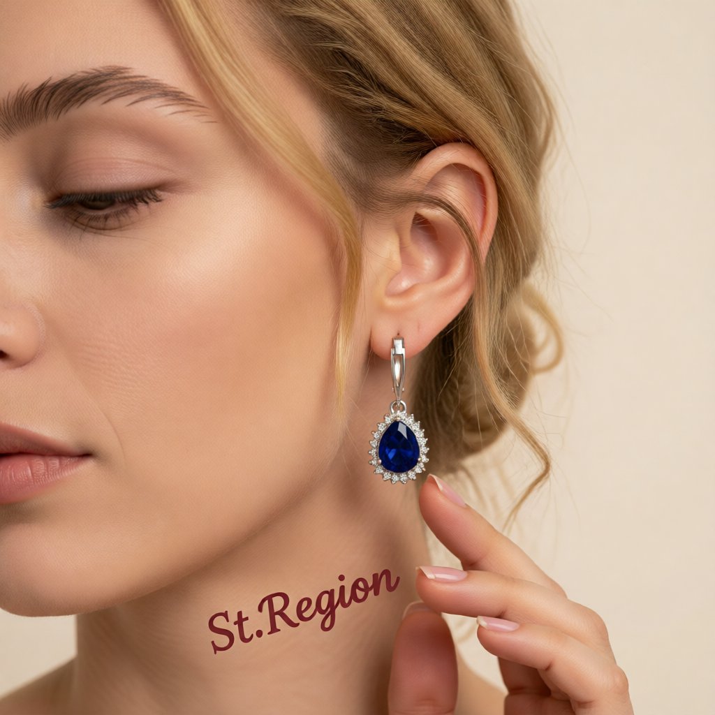 Navy Crystal and Silver-Plated Pear Drop Earrings, silver huggie earrings, vintage-inspired design, styled look