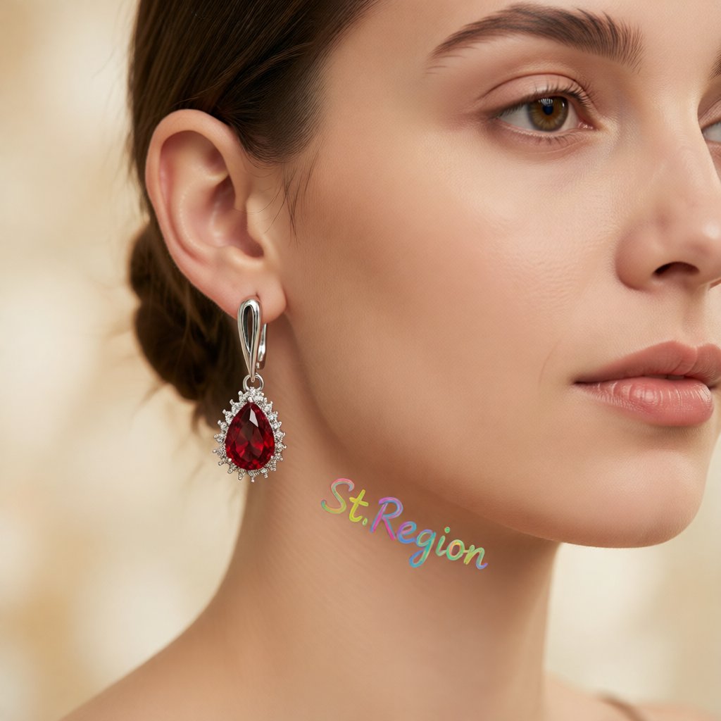 Red Crystal Pear-Cut Drop Earrings, huggie earrings, dainty minimalist design, styled look