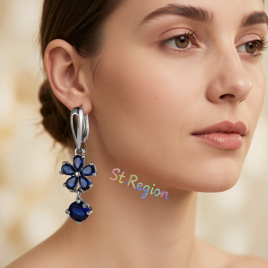 Navy Crystal Floral Drop Earrings, huggie earrings, elegant gift for her, styled look