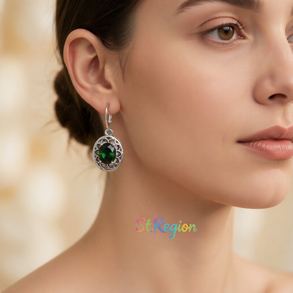 Green Crystal and Silver-Plated Floral Drop Earrings, silver huggie earrings, botanical inspired, styled look