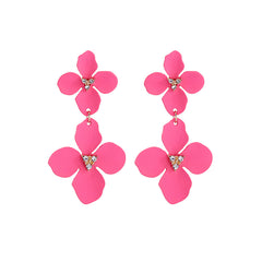 Dangle earrings with hot pink flower design, adorned with cubic zirconia and rose enamel, set in 18K gold plating.