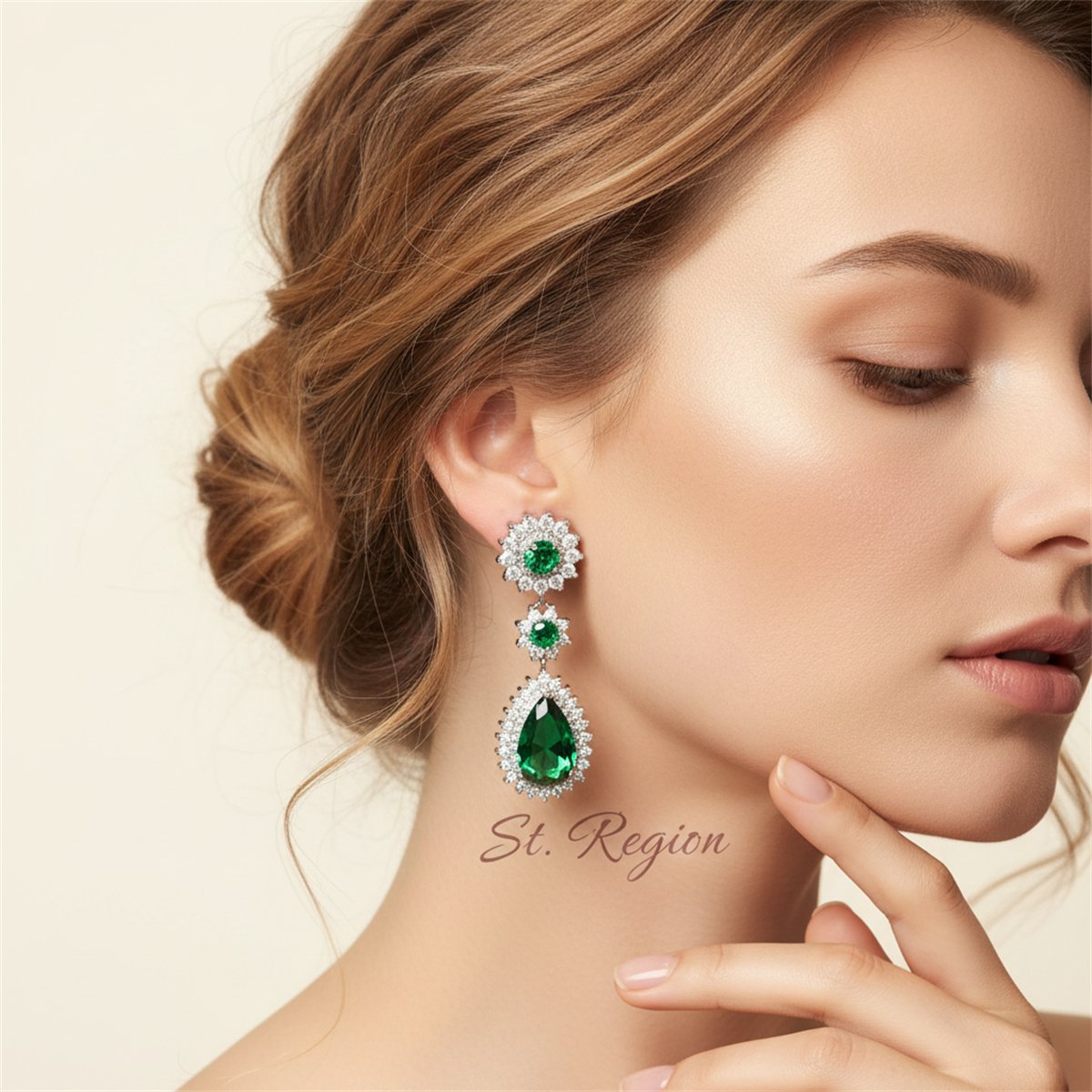 Green Crystal and Silver-Plated Halo Drop Earrings, silver drop earrings for women, botanical inspired, styled look