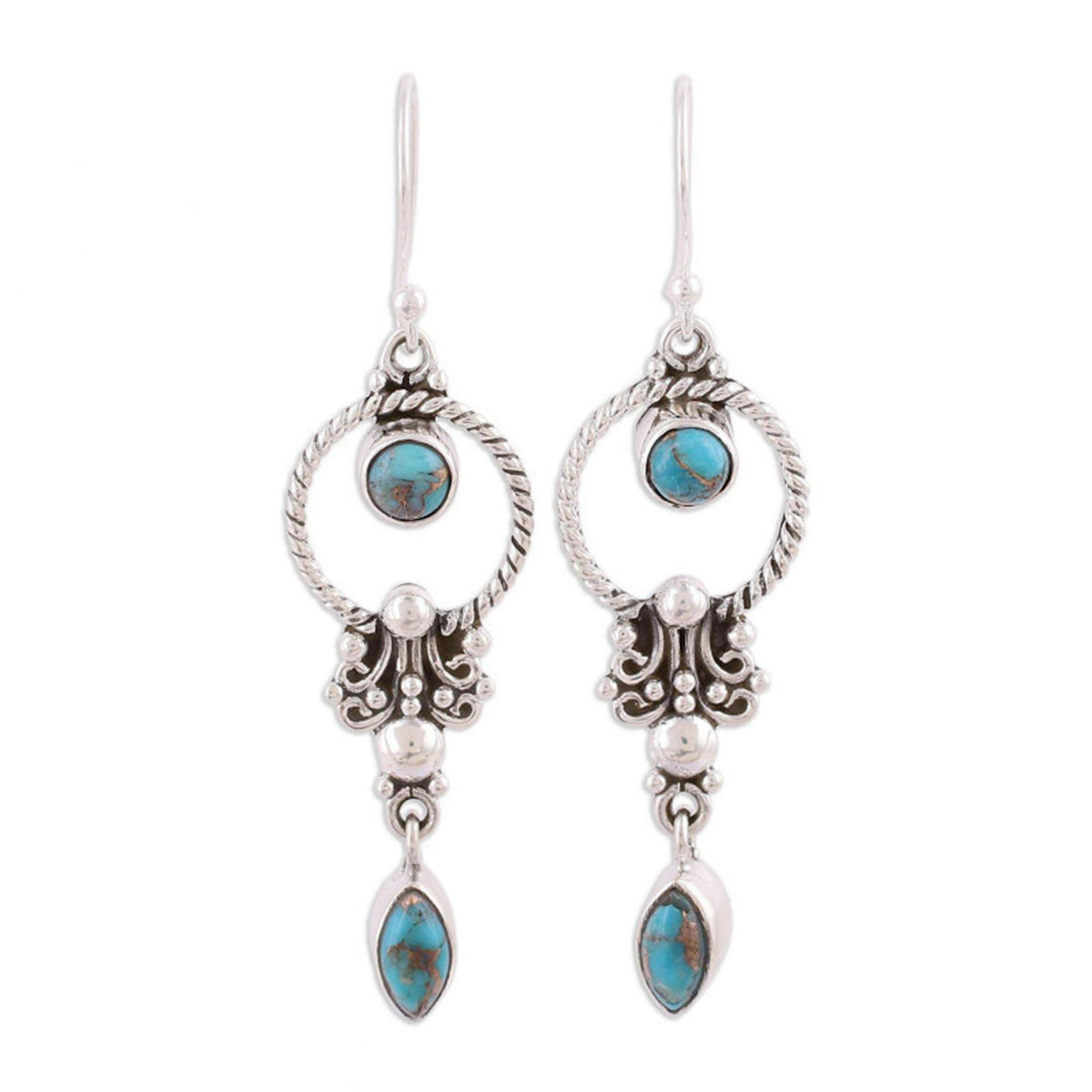 Turquoise & Silver-Plated Open Circle Drop Earrings