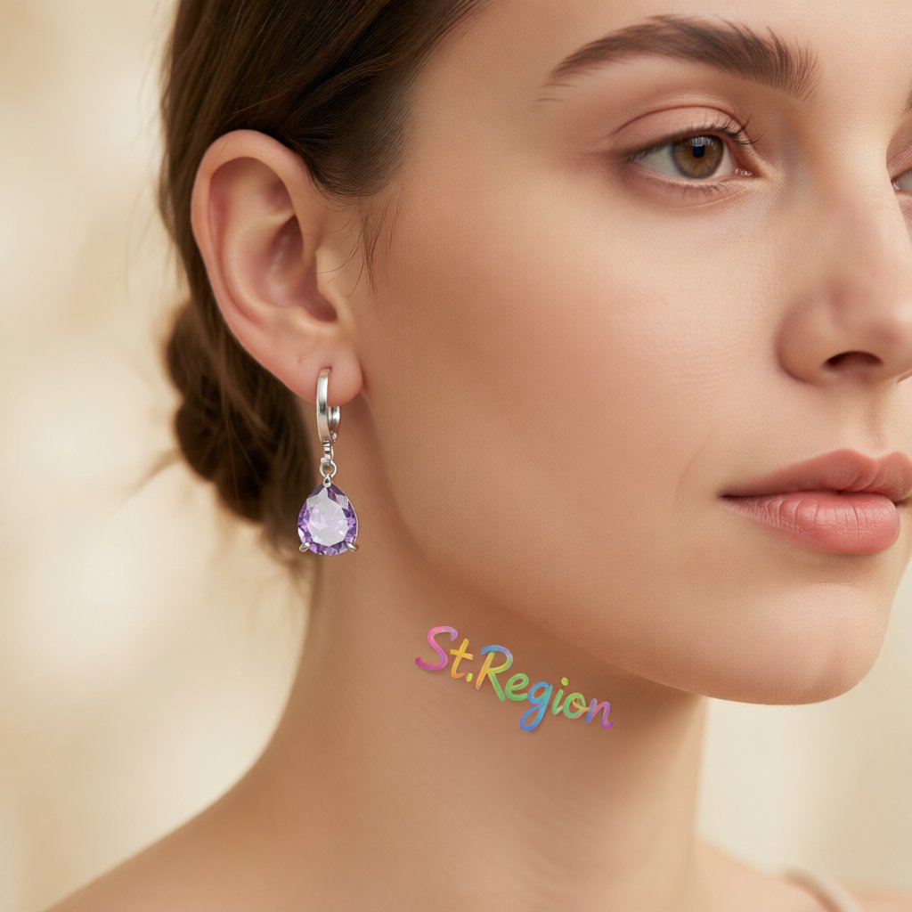 Purple Crystal and Silver-Plated Teardrop Leverback Earrings, silver huggie earrings, vintage-inspired design, styled look