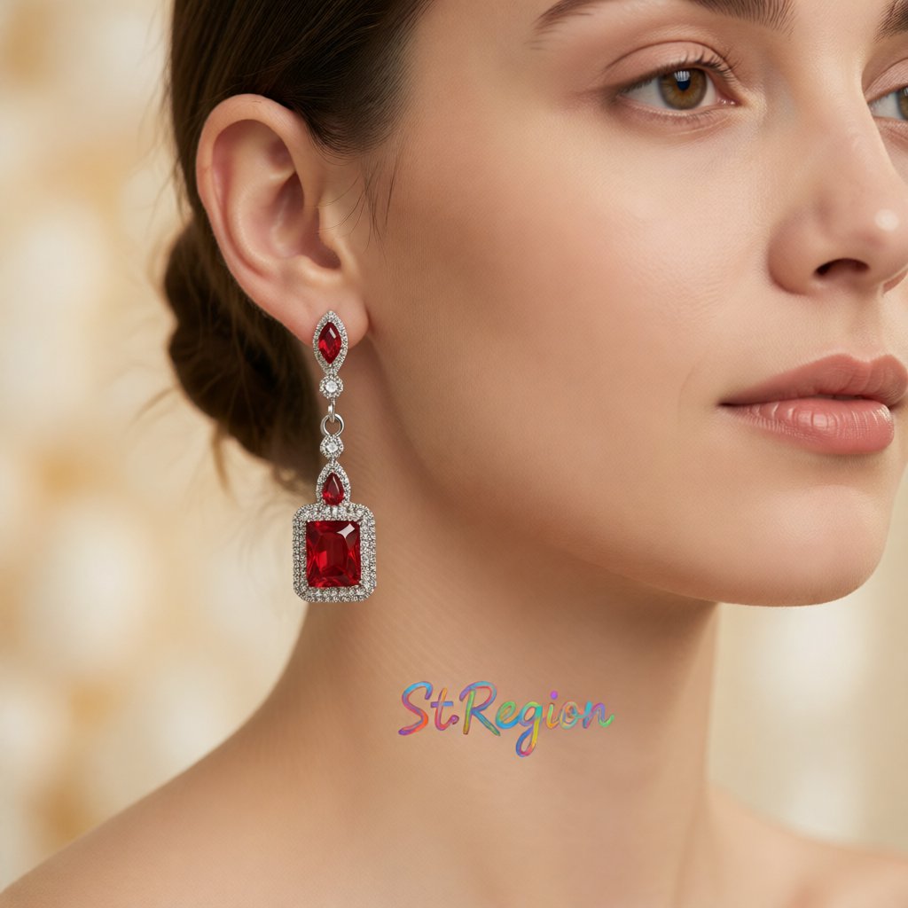 Red Crystal and Silver-Plated Square Drop Earrings, silver drop earrings for women, dainty minimalist design, styled look
