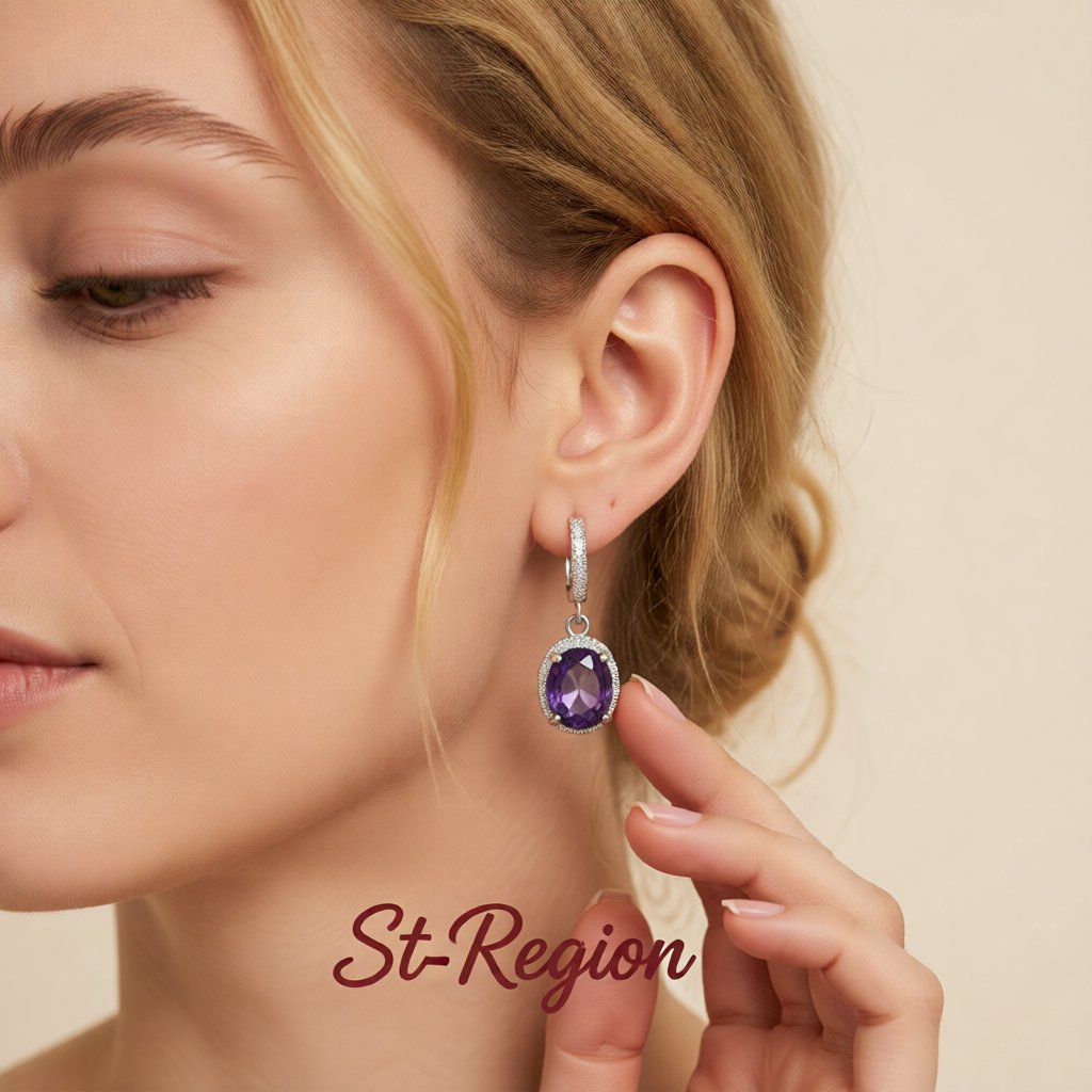 Purple Crystal and Cubic Zirconia Oval Drop Earrings, huggie earrings, dainty minimalist design, styled look