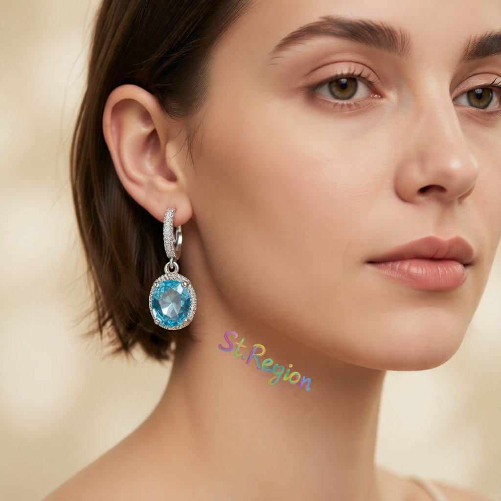 Sea Blue Crystal and Silver-Plated Halo Oval Drop Earrings, silver huggie earrings, everyday style, styled look