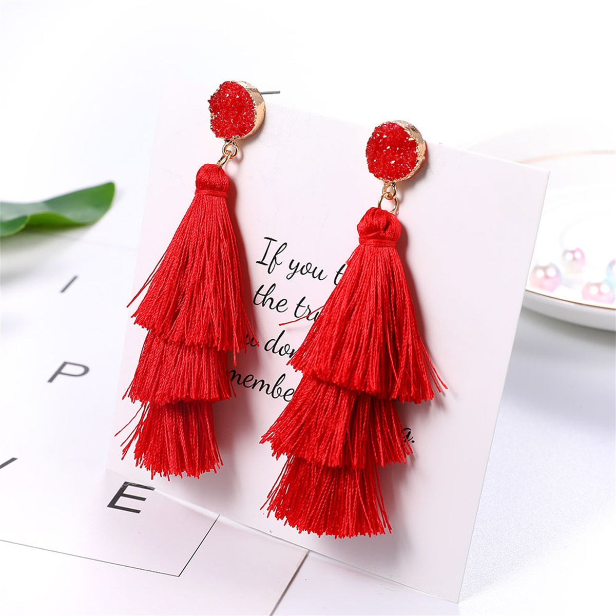 Red Tri-Layered Tassel Drop Earrings, drop earrings for women, elegant gift for her, lifestyle look