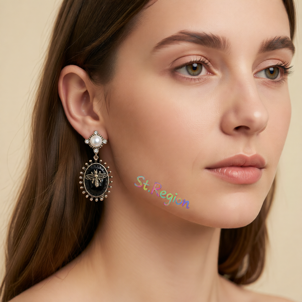Black Crystal & Pearl 18K Gold-Plated Bee Drop Earrings