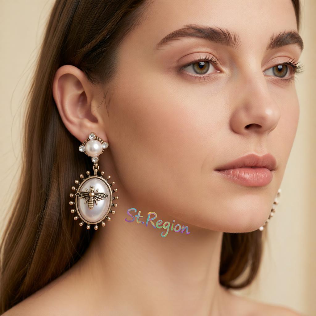 Pearl and Cubic Zirconia Bee Oval Drop Earrings, drop earrings for women, everyday style, styled look