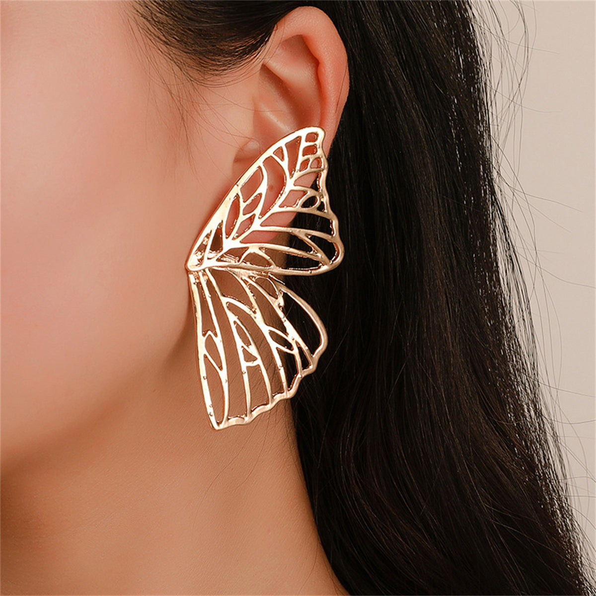 18K Gold-Plated Openwork Butterfly Wing Stud Earrings, gold stud earrings for women, detail close-up