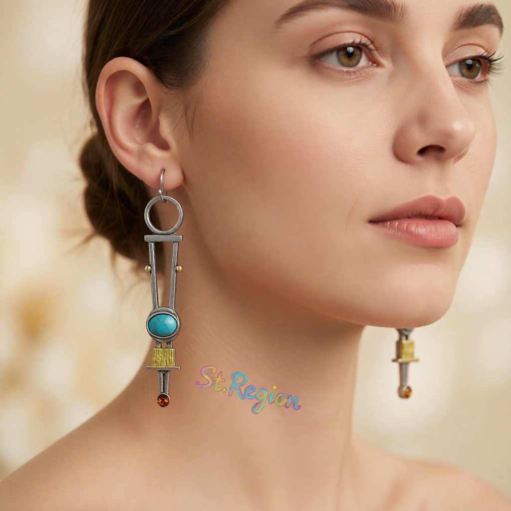 Turquoise and Cubic Zirconia Silver-Plated Geometric Drop Earrings, silver drop earrings for women, styled look