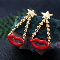 Red Enamel & 18K Gold-Plated Lips Chain Drop Earrings