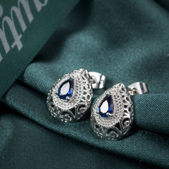 Navy Crystal & Silver-Plated Filigree Pear-Cut Stud Earrings