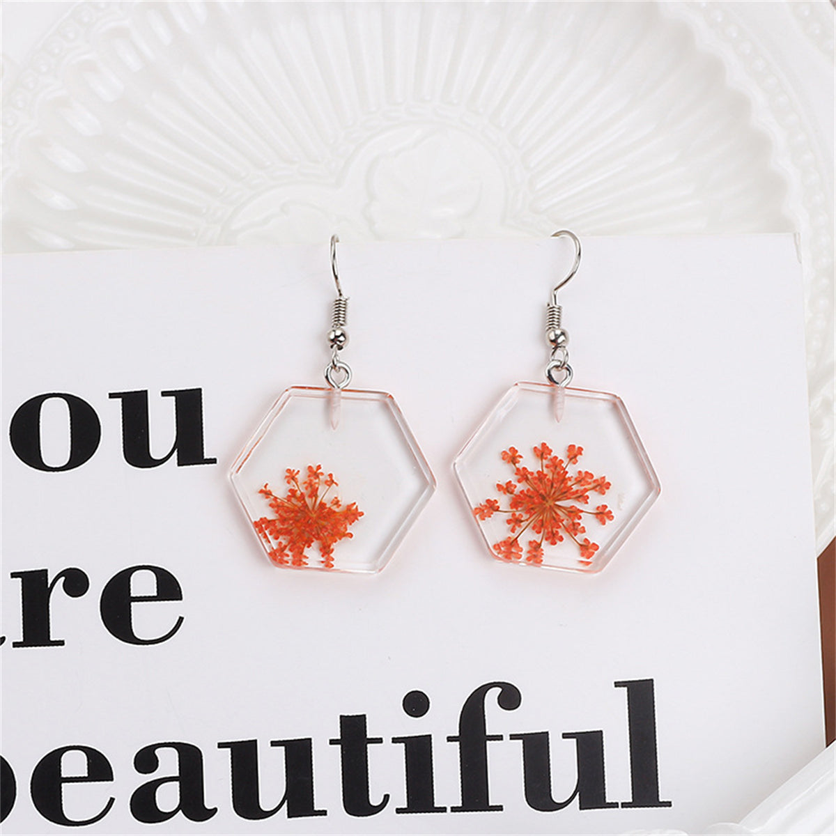 Green and Silver-Plated Baby'S Breath Hexagon Drop Earrings, silver drop earrings for women, side view
