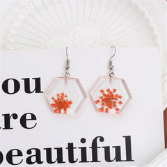 Green & Silver-Plated Baby'S Breath Hexagon Drop Earrings