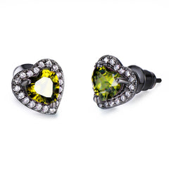 Olive Crystal & Cubic Zirconia Rhodium-Plated Halo Heart Stud Earrings