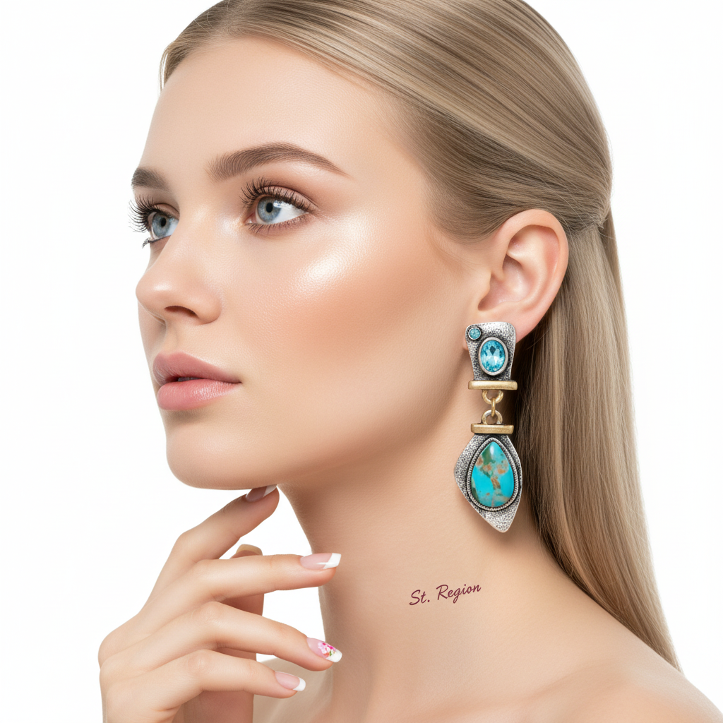 Sea Blue Crystal & Turquoise Two Tone Drop Earrings - Street Region