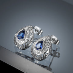 Navy Crystal & Silver-Plated Filigree Pear-Cut Stud Earrings
