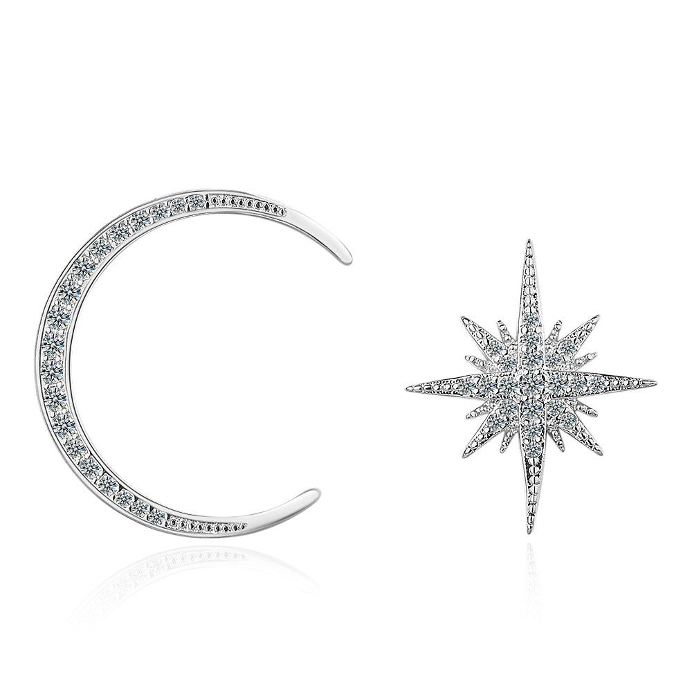 Cubic Zirconia and Silver-Plated Moon and Star Stud Earrings, silver stud earrings for women, side view