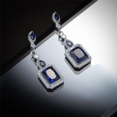 Navy Crystal & Silver-Plated Radiant-Cut Halo Drop Earrings