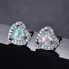 Cubic Zirconia & Opal Silver-Plated Halo Heart Stud Earrings
