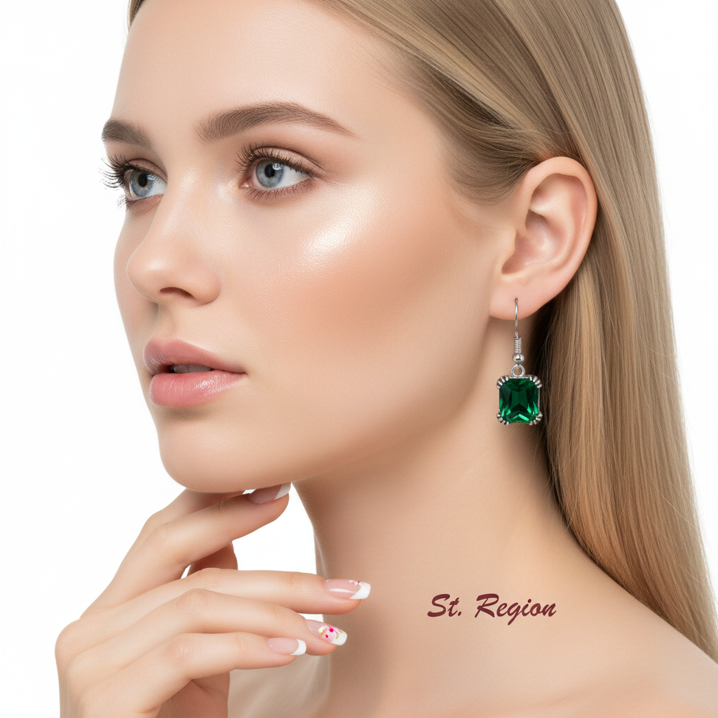 Green Crystal & Silver-Plated Princess-Cut Drop Earrings - Street Region