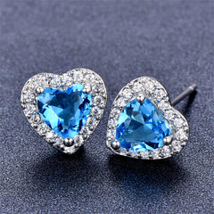 Light Blue Crystal & Cubic Zirconia Silver-Plated Halo Heart Stud Earrings