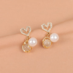 White Cat's Eye & Cubic Zirconia Heart Drop Dangle Earrings