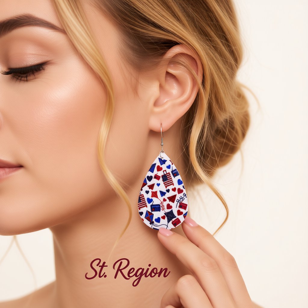 White and Blue Polystyrene Patriotic Teardrop Drop Earrings, drop earrings for women, botanical inspired, styled look