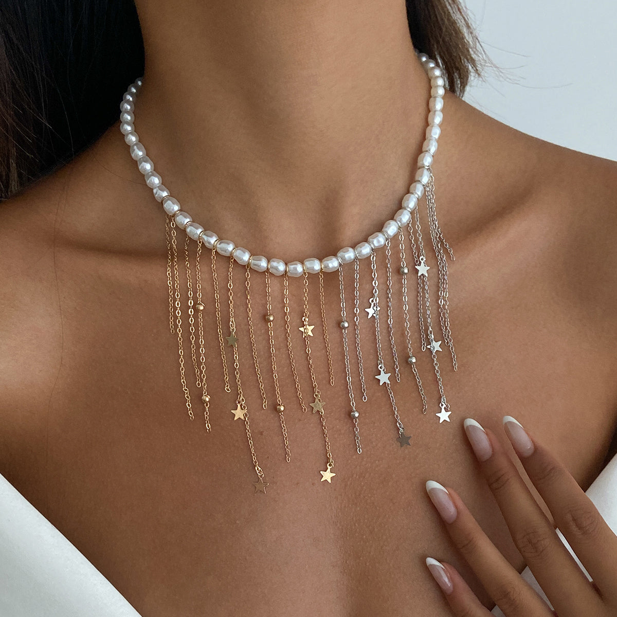 Pearl and Two Tone Star Tassel Collar Necklace, everyday style, styled look