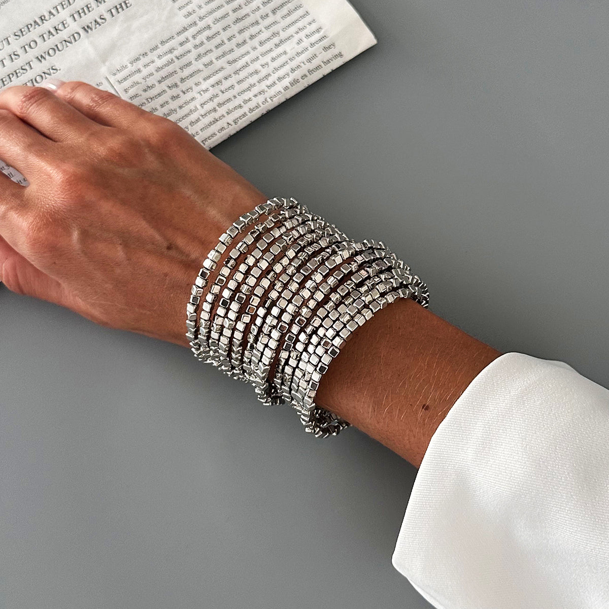 Silvertone Cube Layered Stretch Bracelet, botanical inspired, styled look