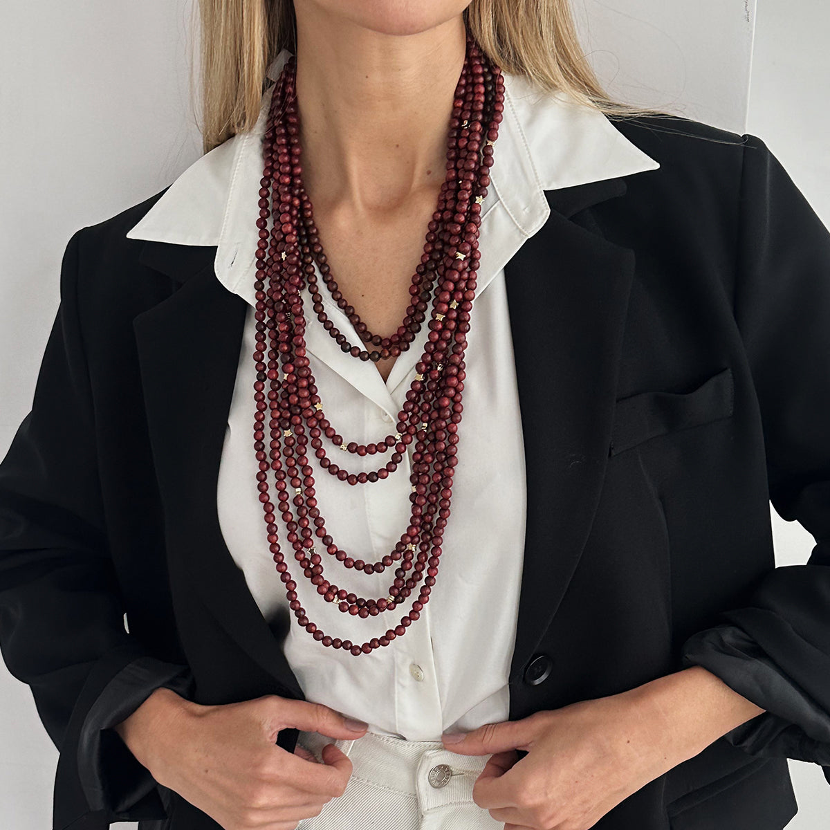Red Wood and Goldtone Star Beaded Chain Layered Necklace, vintage-inspired design, styled look