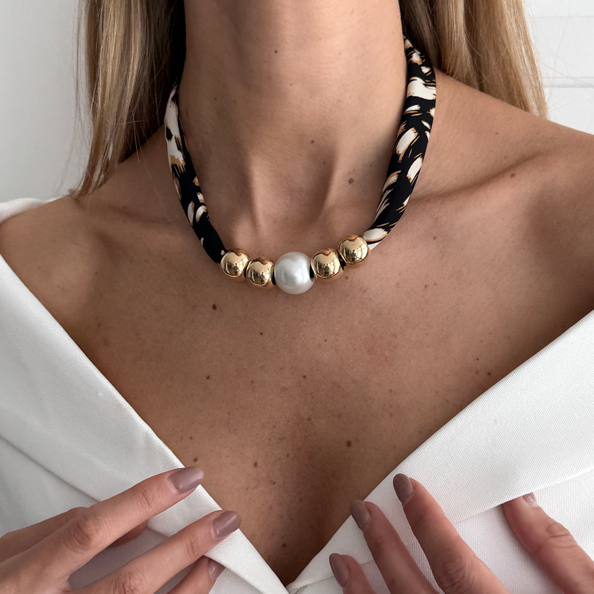 Botany Print Polyster and Pearl Goldtone Ball Collar Necklace, botanical inspired, styled look
