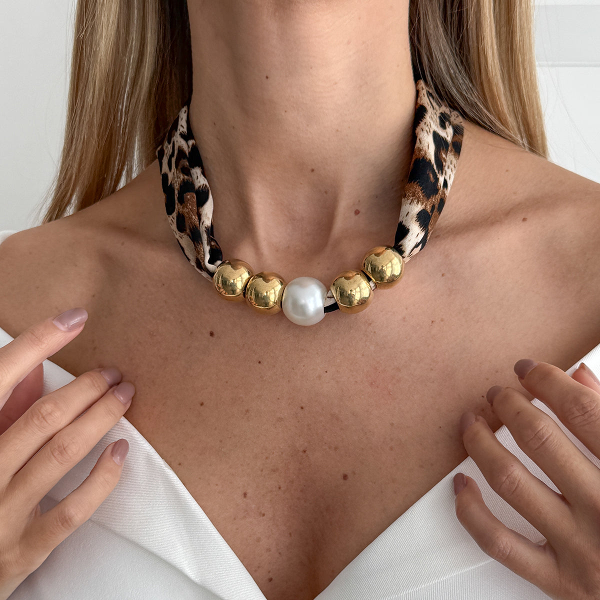 Leopard Print Polyster and Pearl Goldtone Ball Collar Necklace, everyday style, styled look