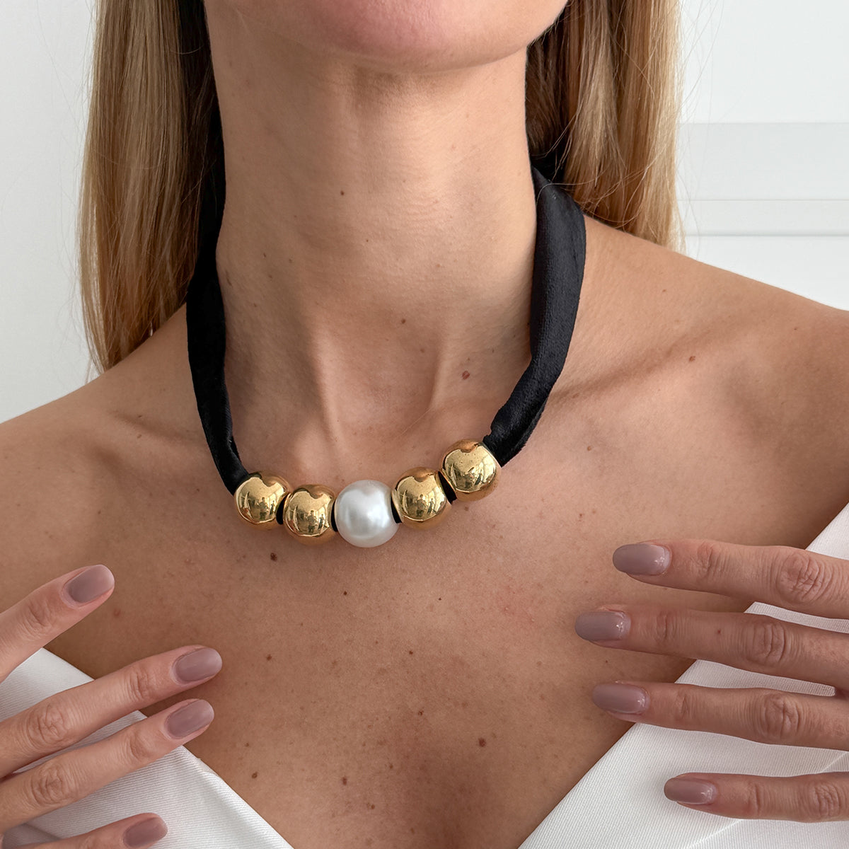 Black Polyster and Pearl Goldtone Ball Collar Necklace, everyday style, styled look