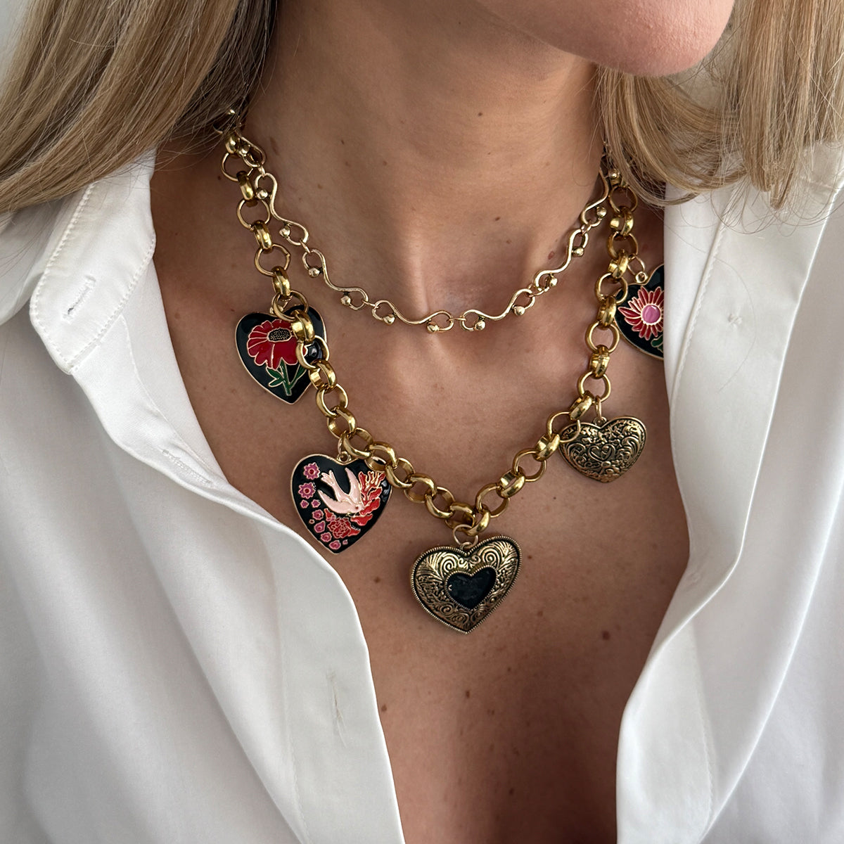 Black Enamel and Goldtone Flower Heart Charm Collar Necklace, vintage-inspired design, styled look