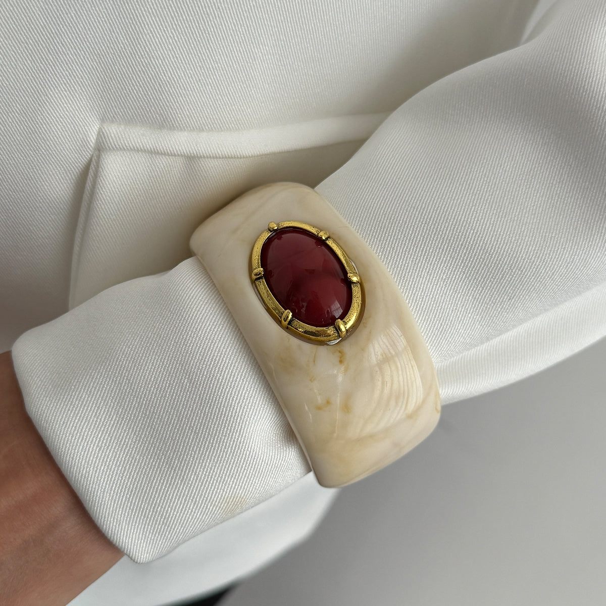 Beige Resin and Goldtone Oval Bangle Bracelet, gold bangle bracelet, everyday style, styled look