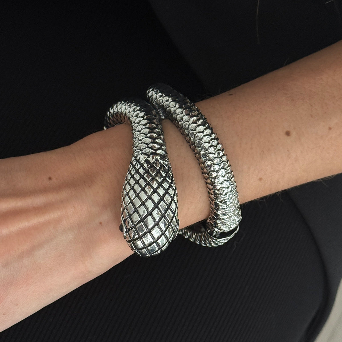 Cubic Zirconia and Silvertone Textured Snake Layered Bangle, silver bangle bracelet, elegant gift for her, styled look
