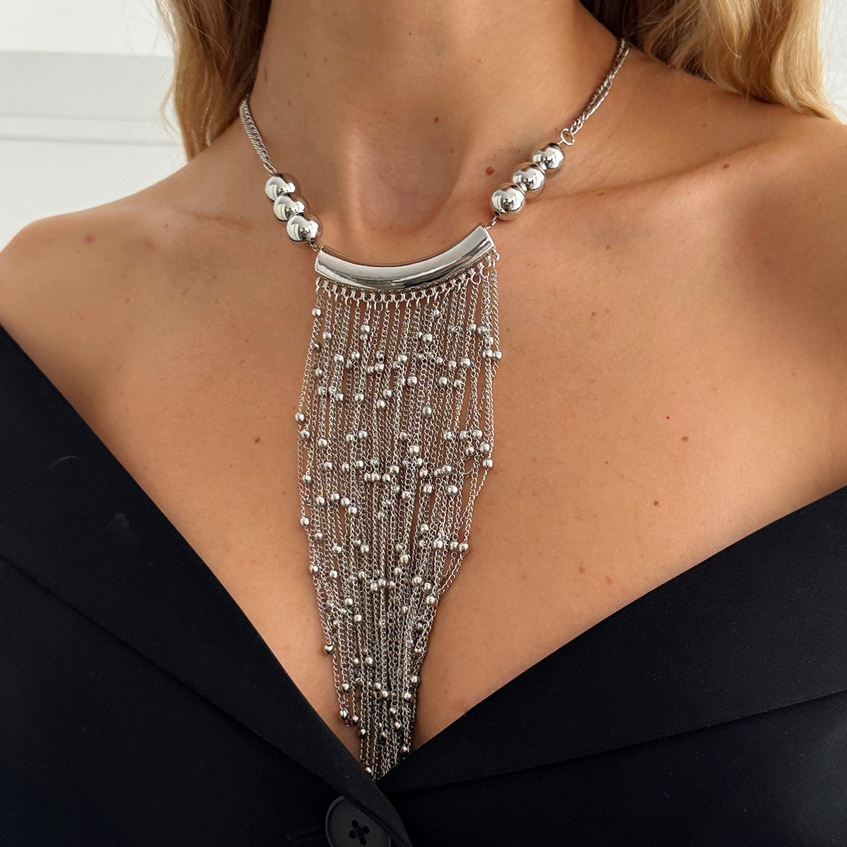 Silvertone Ball Tassel Statement Necklace, elegant gift for her, lifestyle look