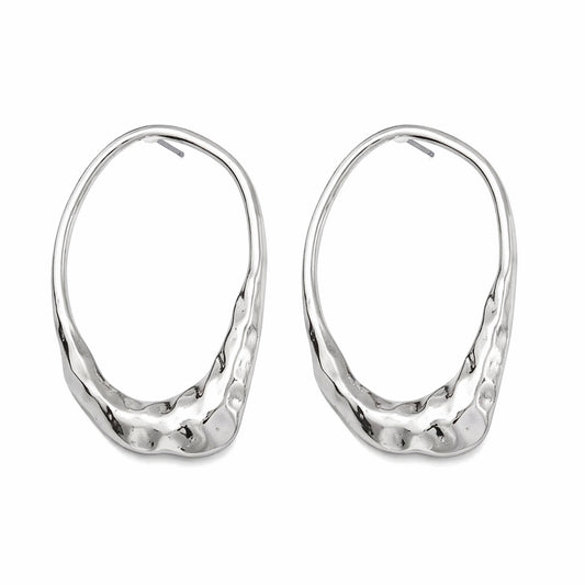 Silvertone Hammered Open Oval Statement Stud Earrings