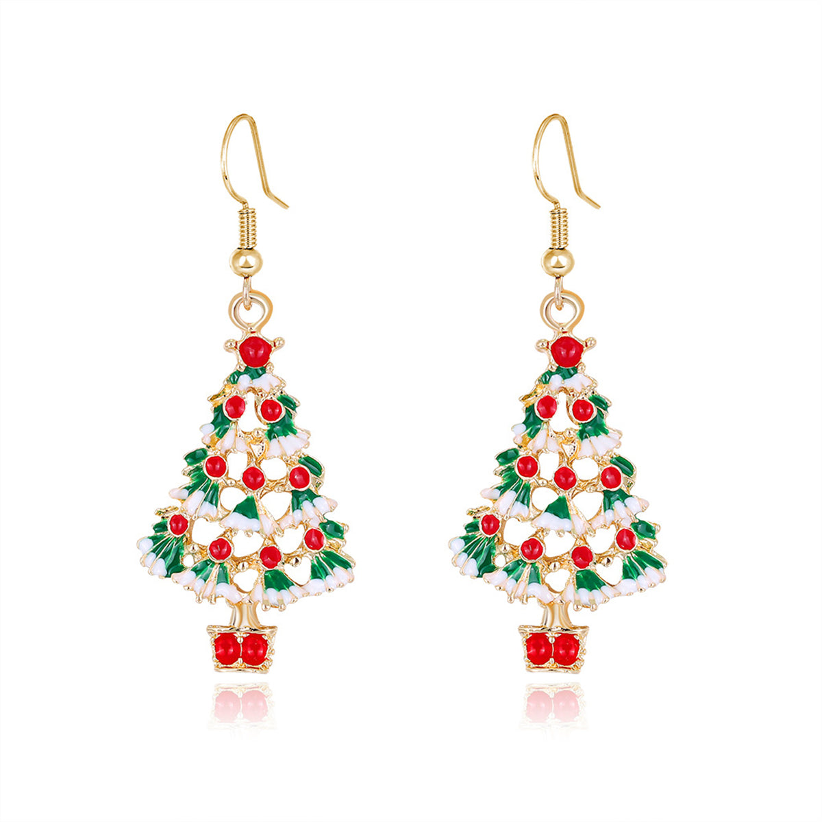 White and Red Enamel 18K Gold-Plated Christmas Tree Drop Earrings, gold drop earrings for women, detail close-up