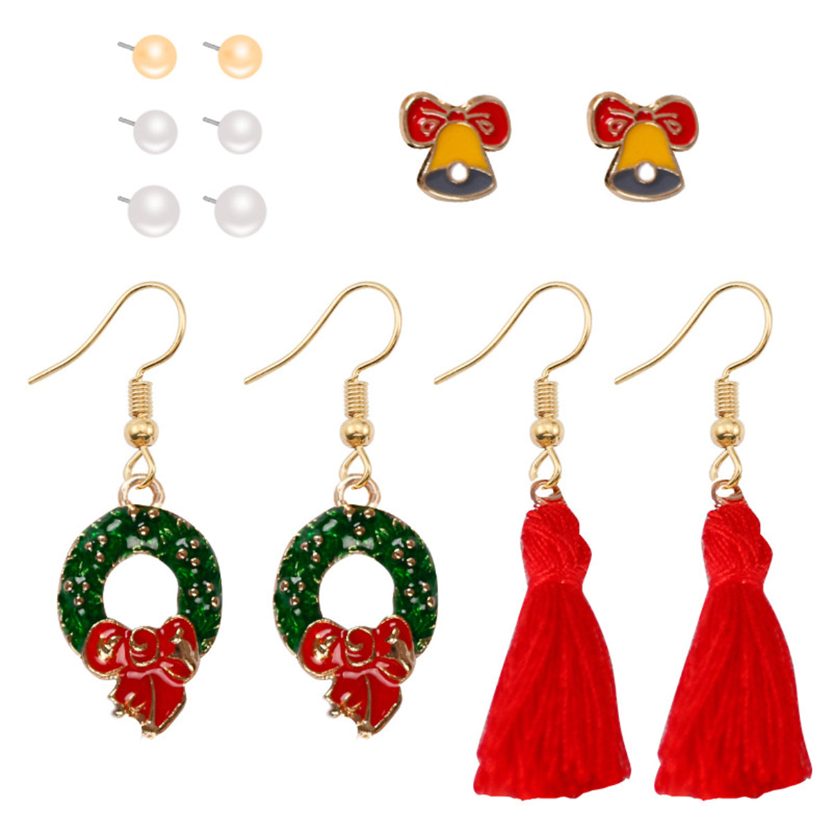 Pearl and Red Bell Bow Tassel Stud and Drop Earrings Set, stud earrings for women, dainty minimalist design, detail close-up