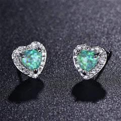 Cubic Zirconia & Opal Silver-Plated Halo Heart Stud Earrings