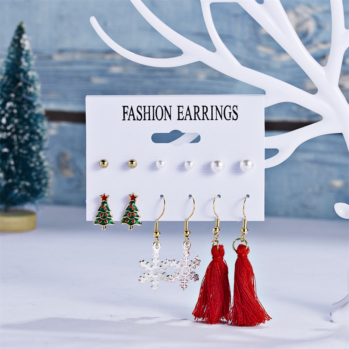 Pearl and Red Christmas Tree Snowflake Tassel Stud and Drop Earrings Set, stud earrings for women, lifestyle look