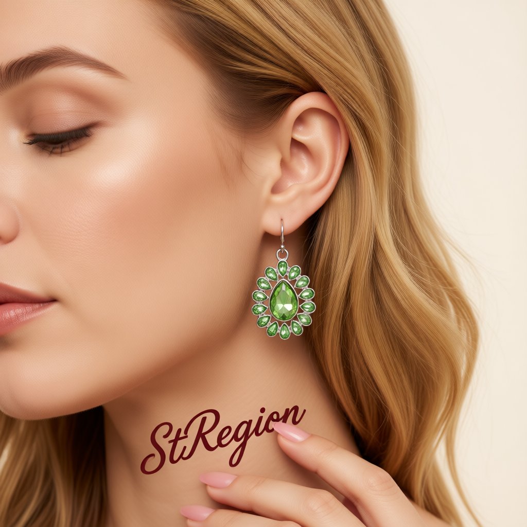 Green Crystal and Silver-Plated Peacock Drop Earrings, silver drop earrings for women, dainty minimalist design, styled look